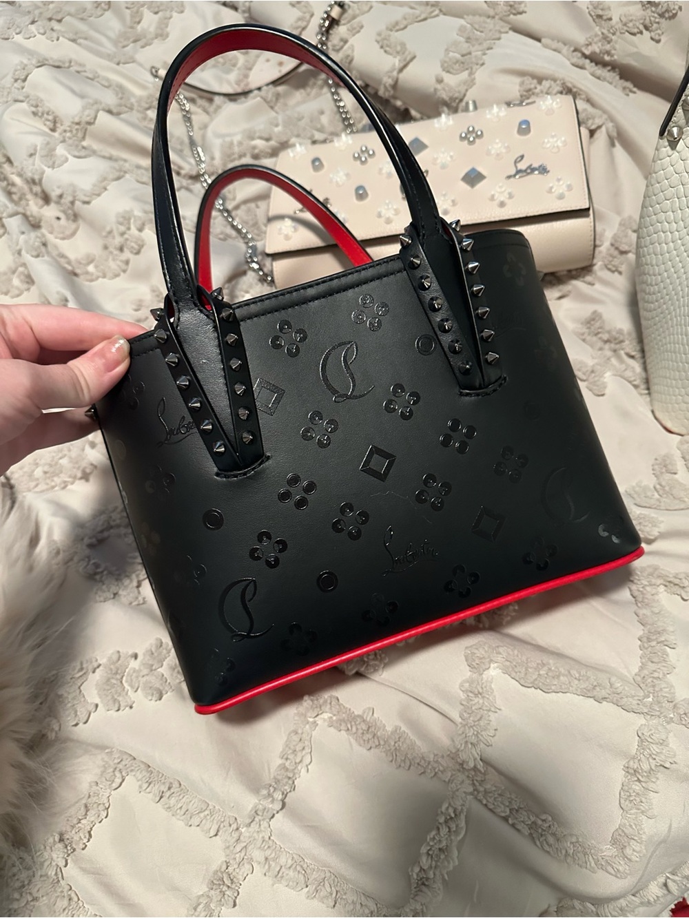 Christian Louboutin Black Leather Studded Satchel with Red Trim